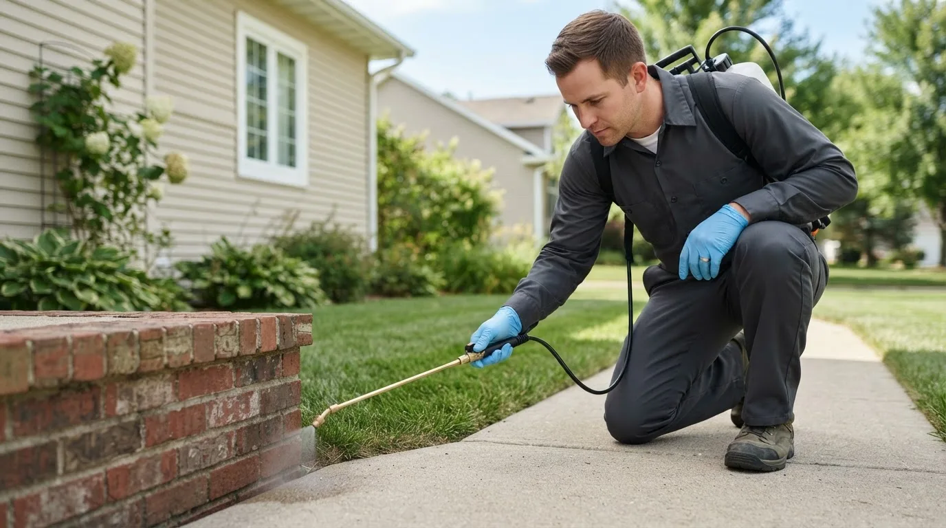 Pest control technician treating a home near Prairie Creek, IN