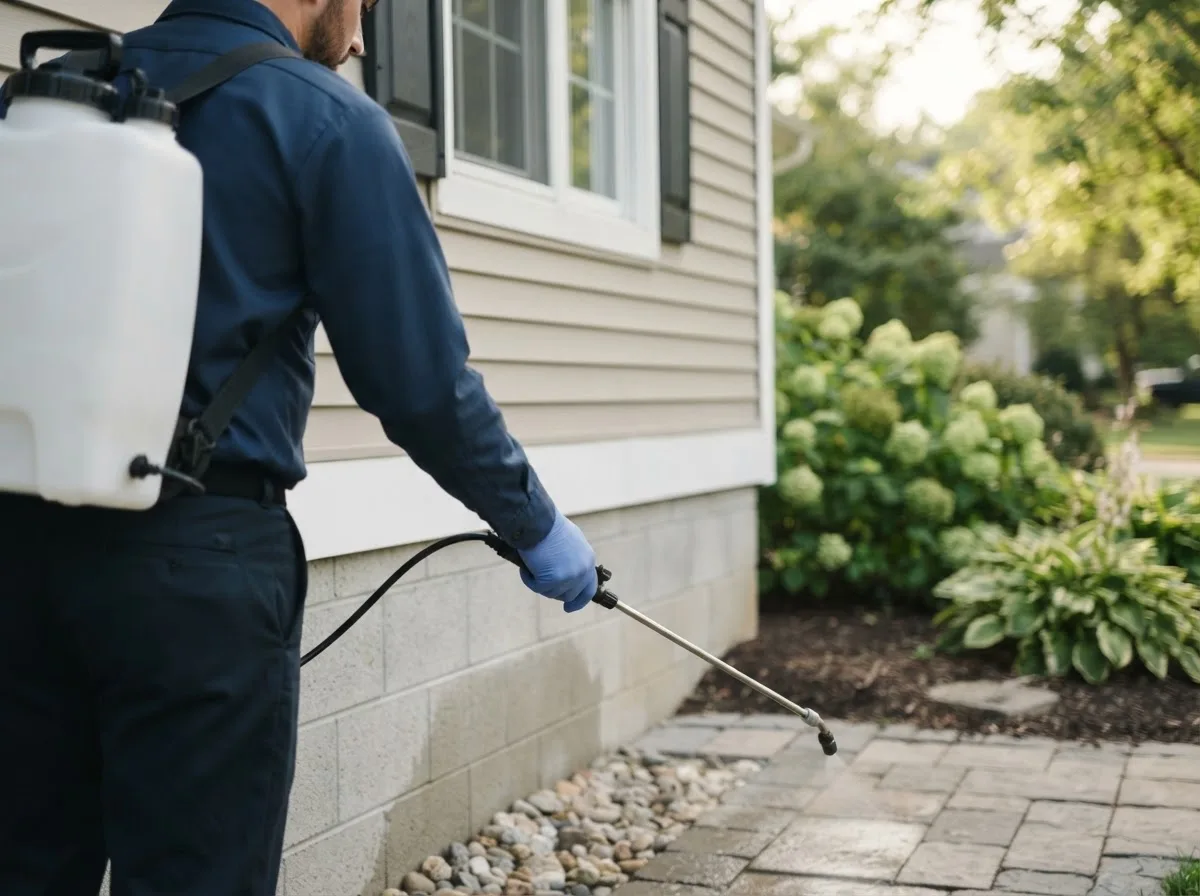 Pest control technician inspecting a home in Prairie Creek, IN